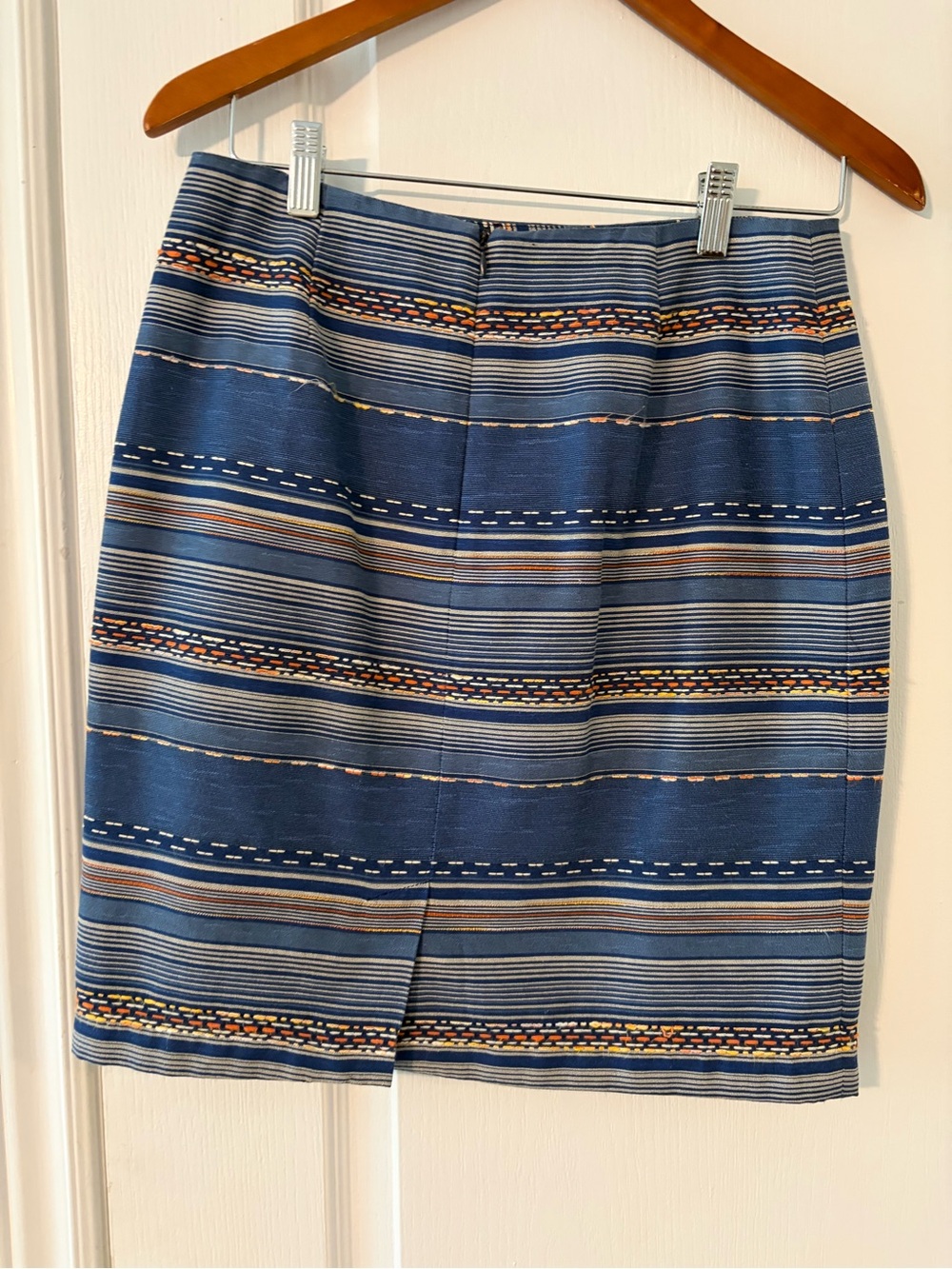 Mario Serrani Navy Blue Striped Pencil Skirt with Multicolor Accents